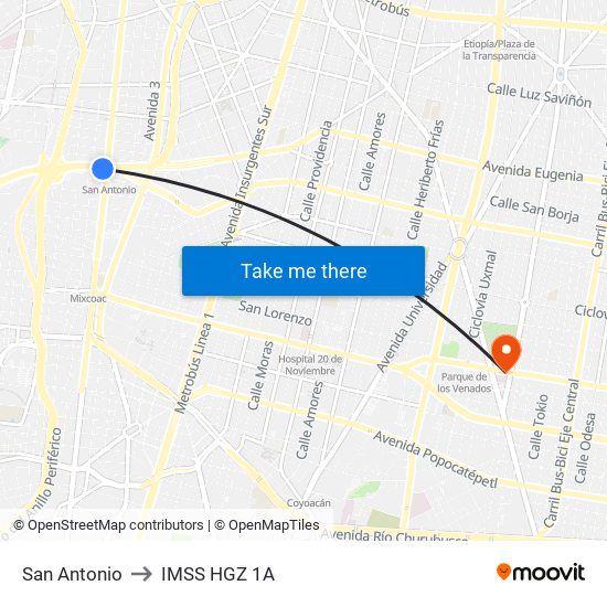 San Antonio to IMSS HGZ 1A map