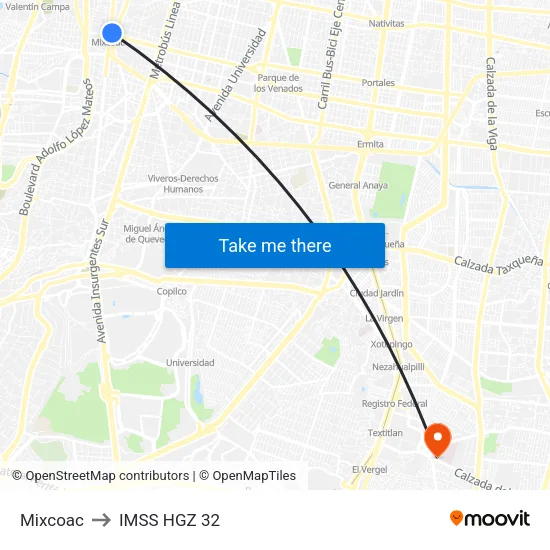 Mixcoac to IMSS HGZ 32 map