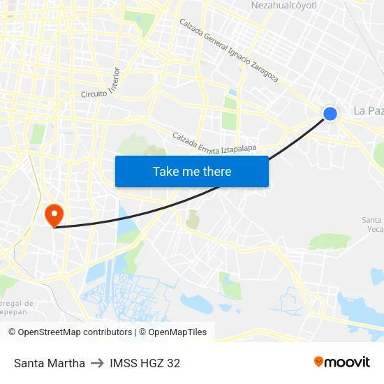 Santa Martha to IMSS HGZ 32 map