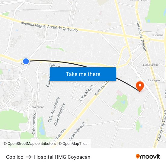 Copilco to Hospital HMG Coyoacan map