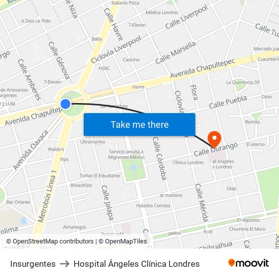 Insurgentes to Hospital Ángeles Clínica Londres map