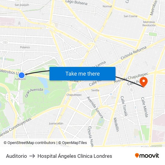 Auditorio to Hospital Ángeles Clínica Londres map
