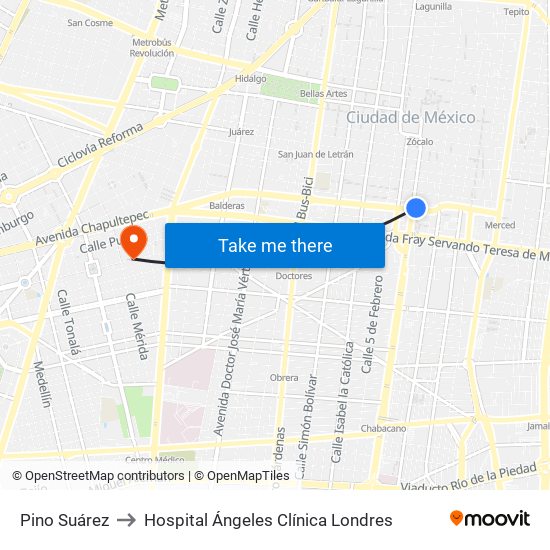 Pino Suárez to Hospital Ángeles Clínica Londres map