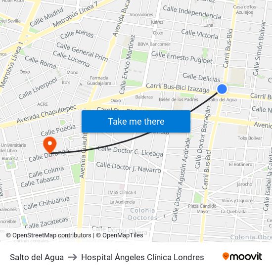 Salto del Agua to Hospital Ángeles Clínica Londres map