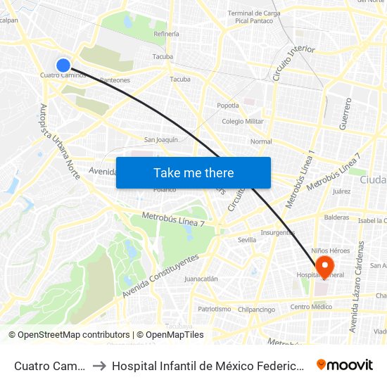 Cuatro Caminos to Hospital Infantil de México Federico Gómez map