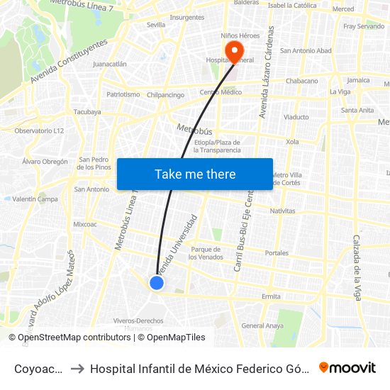 Coyoacán to Hospital Infantil de México Federico Gómez map