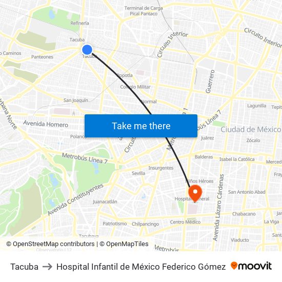 Tacuba to Hospital Infantil de México Federico Gómez map