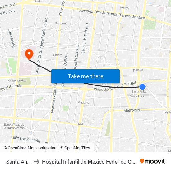 Santa Anita to Hospital Infantil de México Federico Gómez map