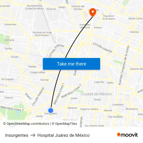 Insurgentes to Hospital Juárez de México map