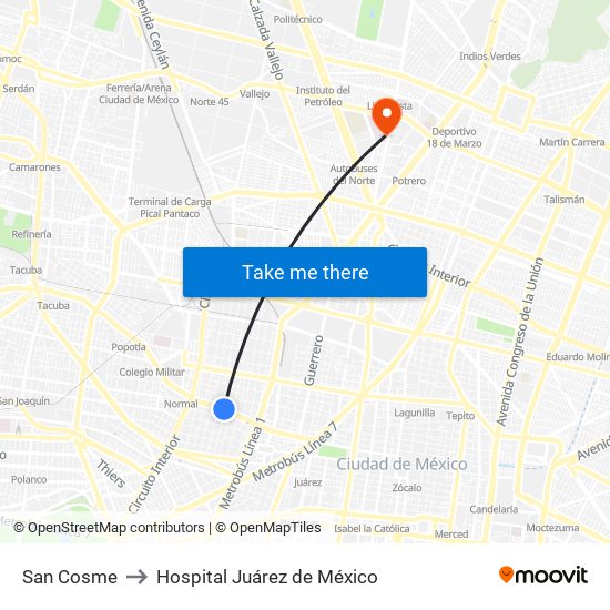 San Cosme to Hospital Juárez de México map