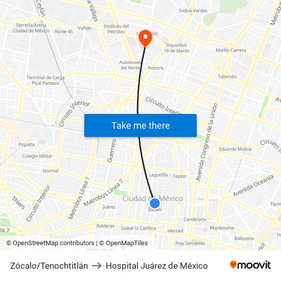 Zócalo/Tenochtitlán to Hospital Juárez de México map