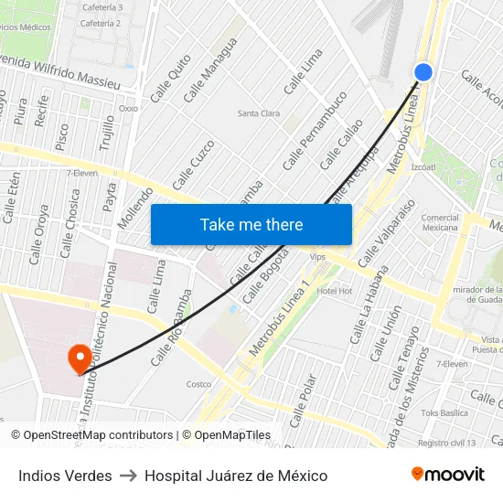 Indios Verdes to Hospital Juárez de México map