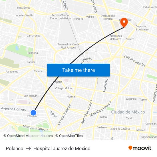 Polanco to Hospital Juárez de México map