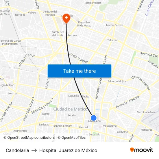 Candelaria to Hospital Juárez de México map