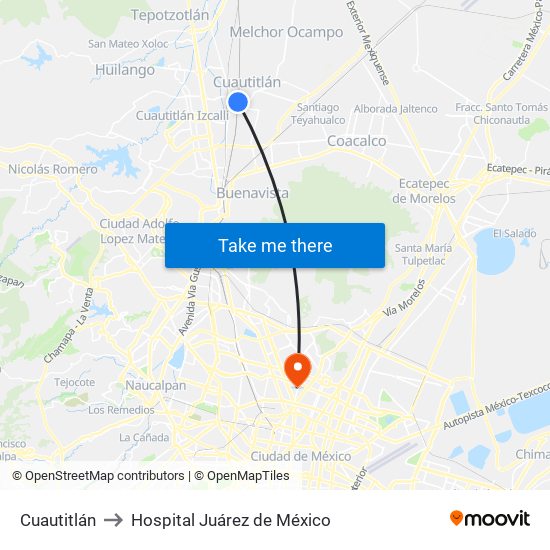Cuautitlán to Hospital Juárez de México map