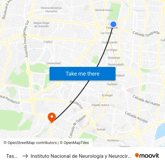 Tasqueña to Instituto Nacional de Neurología y Neurocirugía  Manuel Velasco Suárez map