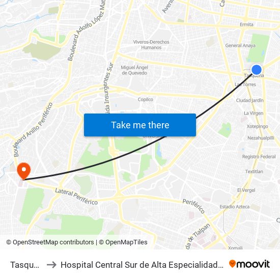 Tasqueña to Hospital Central Sur de Alta Especialidad PEMEX map