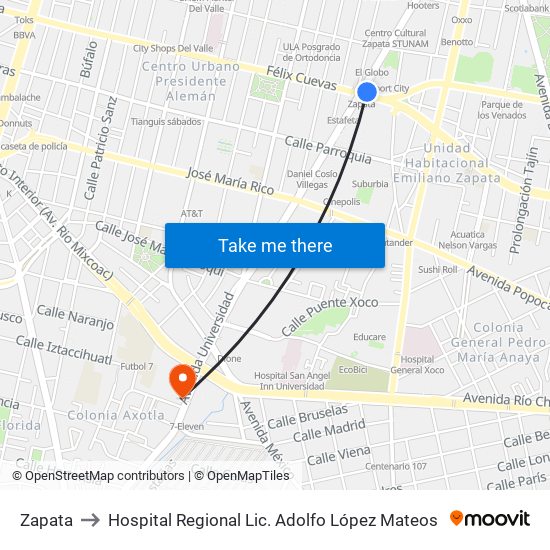 Zapata to Hospital Regional Lic. Adolfo López Mateos map