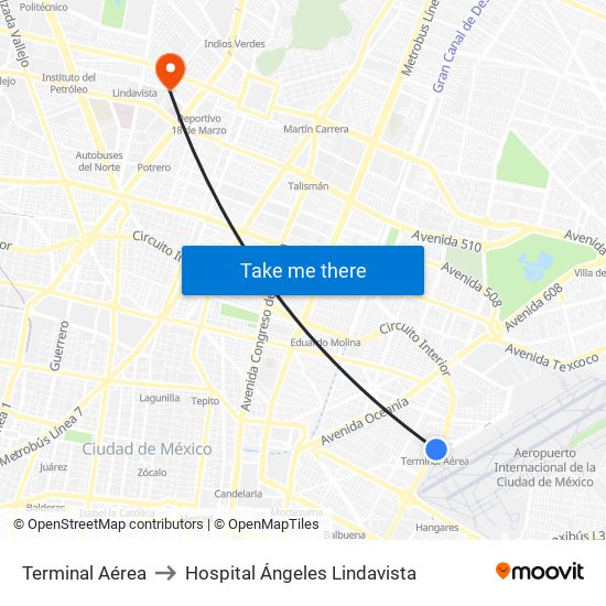 Terminal Aérea to Hospital Ángeles Lindavista map