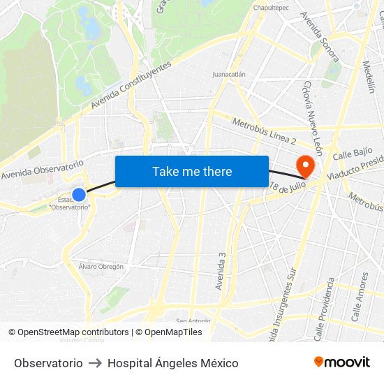 Observatorio to Hospital Ángeles México map