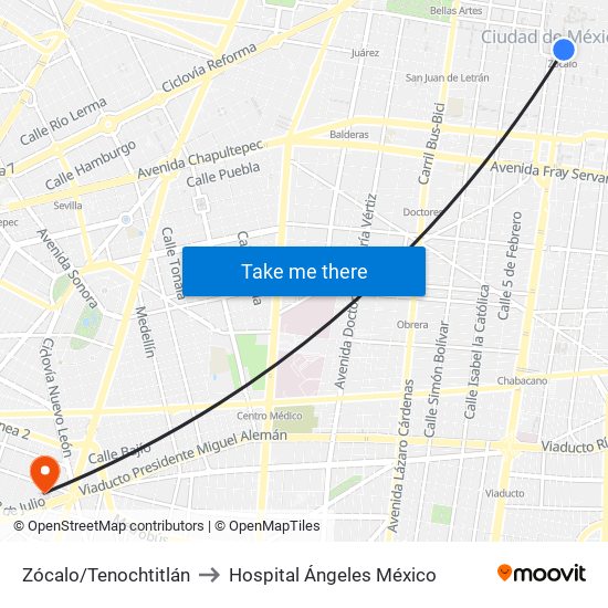 Zócalo/Tenochtitlán to Hospital Ángeles México map