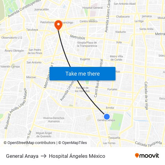 General Anaya to Hospital Ángeles México map