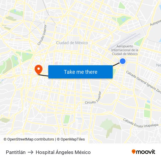 Pantitlán to Hospital Ángeles México map