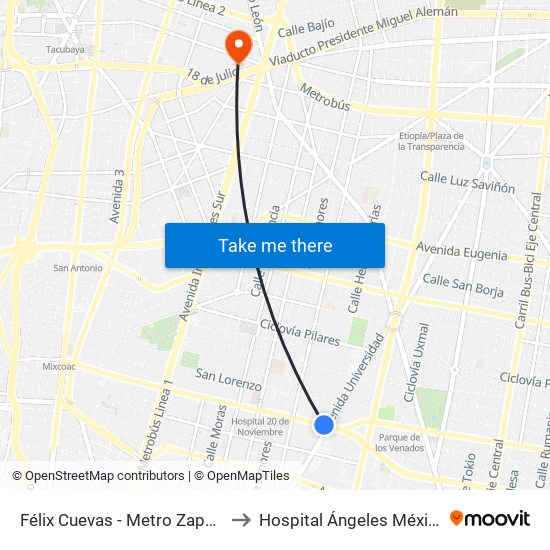 Félix Cuevas - Metro Zapata to Hospital Ángeles México map