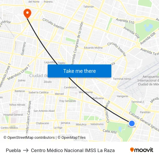 Puebla to Centro Médico Nacional IMSS La Raza map