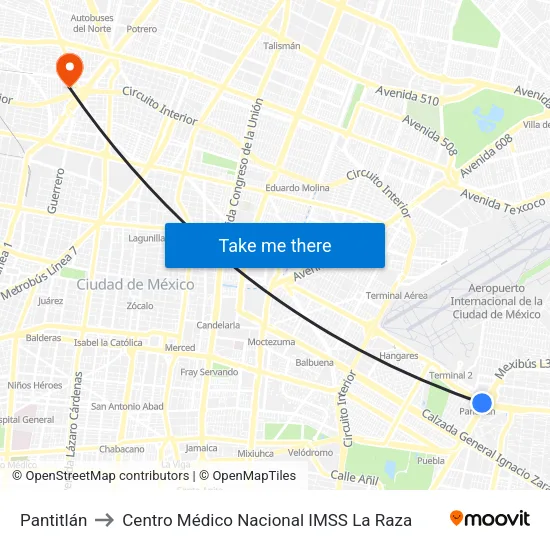 Pantitlán to Centro Médico Nacional IMSS La Raza map