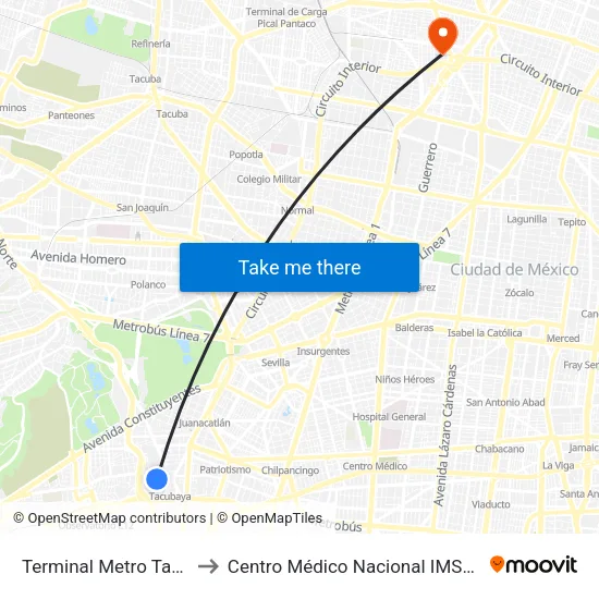 Terminal Metro Tacubaya to Centro Médico Nacional IMSS La Raza map