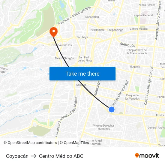 Coyoacán to Centro Médico ABC map