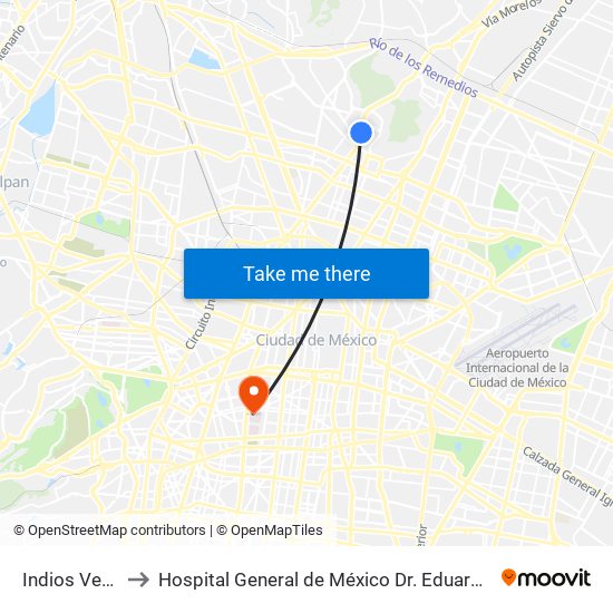 Indios Verdes to Hospital General de México  Dr. Eduardo Liceaga map