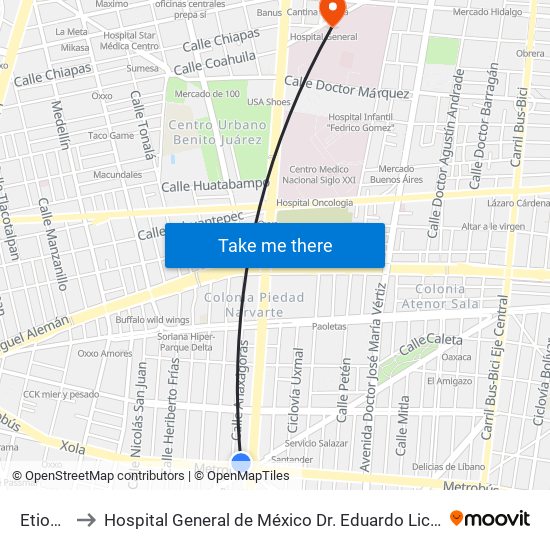 Etiopía to Hospital General de México  Dr. Eduardo Liceaga map