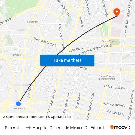 San Antonio to Hospital General de México  Dr. Eduardo Liceaga map