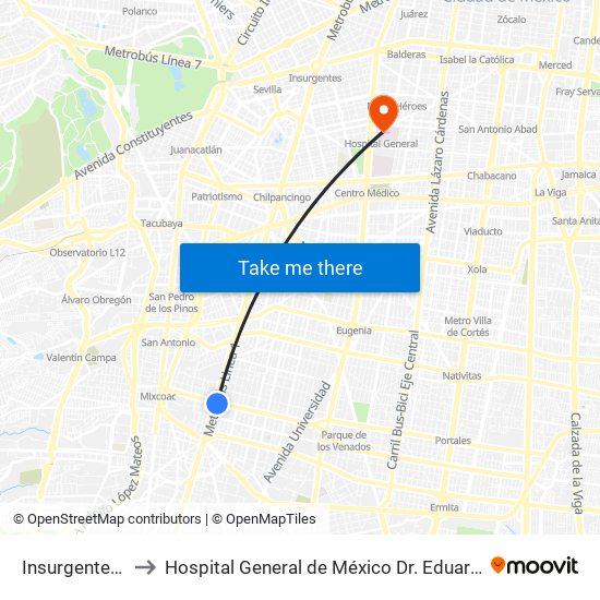 Insurgentes Sur to Hospital General de México  Dr. Eduardo Liceaga map