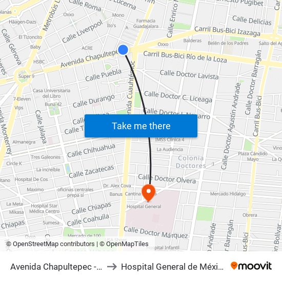 Avenida Chapultepec - Metro Cuauhtémoc to Hospital General de México  Dr. Eduardo Liceaga map