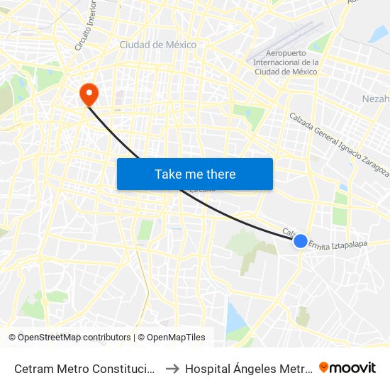 Cetram Metro Constitución de 1917 to Hospital Ángeles Metropolitano map