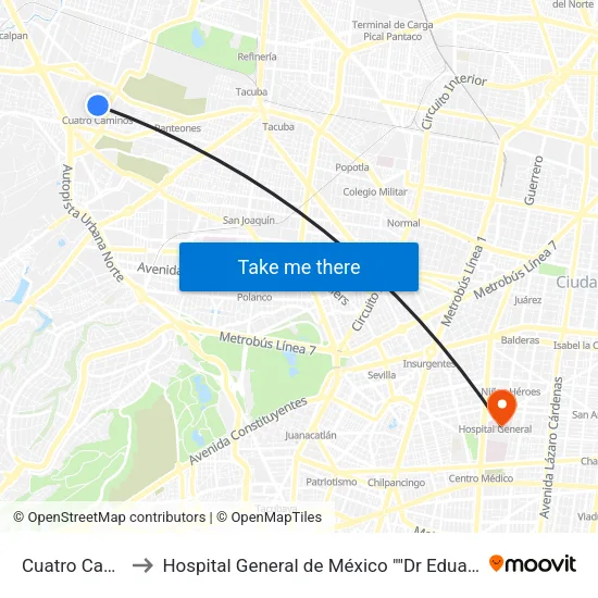 Cuatro Caminos to Hospital General de México ""Dr Eduardo Liceaga"" map