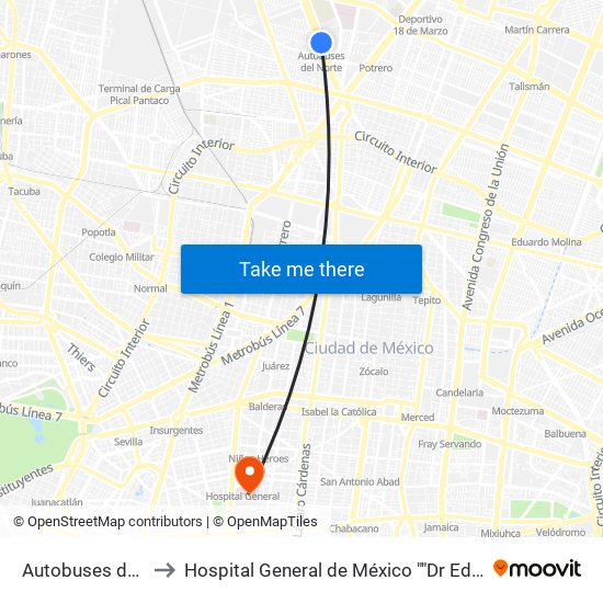 Autobuses del Norte to Hospital General de México ""Dr Eduardo Liceaga"" map