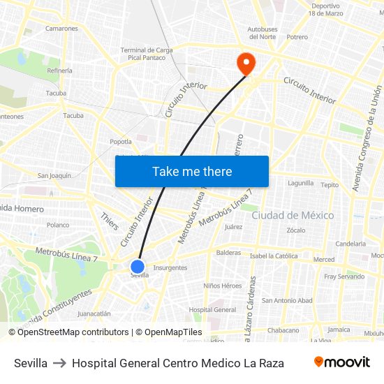 Sevilla to Hospital General Centro Medico La Raza map