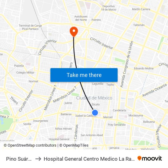 Pino Suárez to Hospital General Centro Medico La Raza map