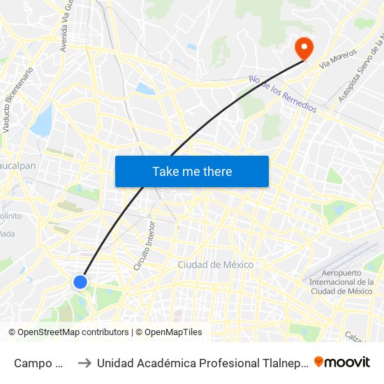 Campo Marte to Unidad Académica Profesional Tlalnepantla Uaem map