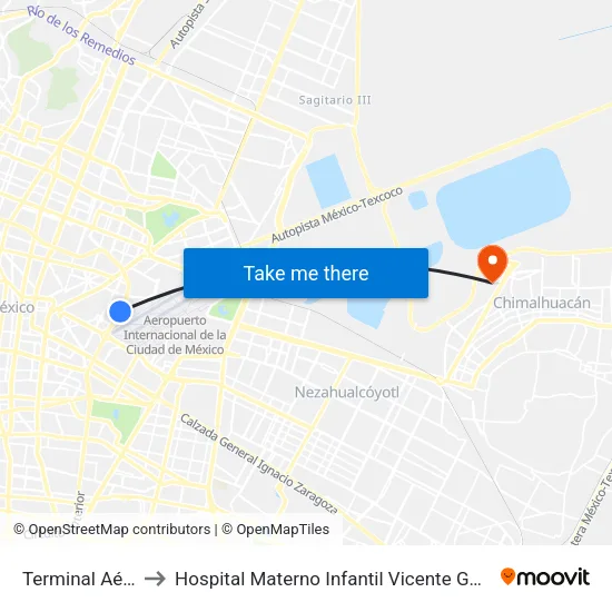Terminal Aérea to Hospital Materno Infantil Vicente Guerrero map