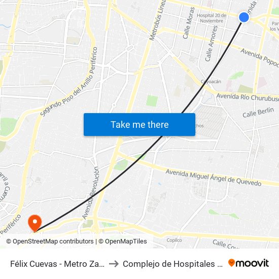 Félix Cuevas - Metro Zapata to Complejo de Hospitales Imss map