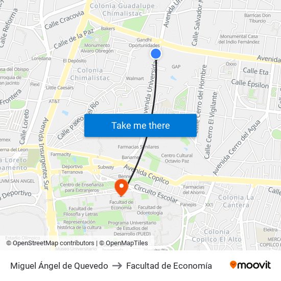 Miguel Ángel de Quevedo to Facultad de Economía map