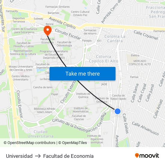 Universidad to Facultad de Economía map