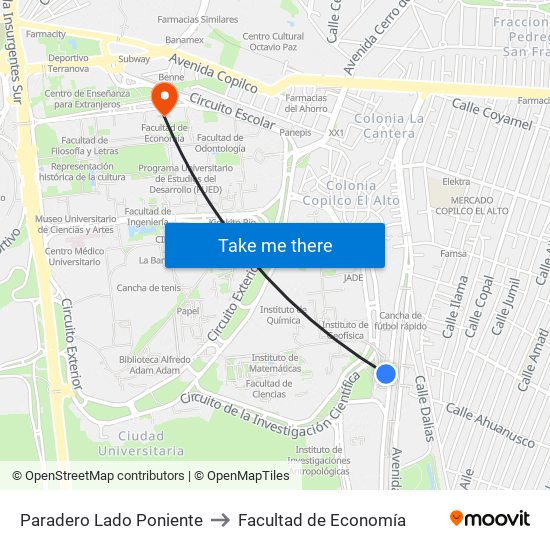 Paradero Lado Poniente to Facultad de Economía map