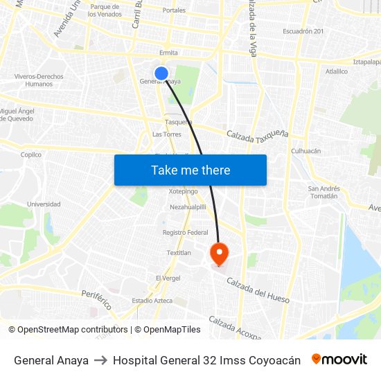 General Anaya to Hospital General 32 Imss Coyoacán map