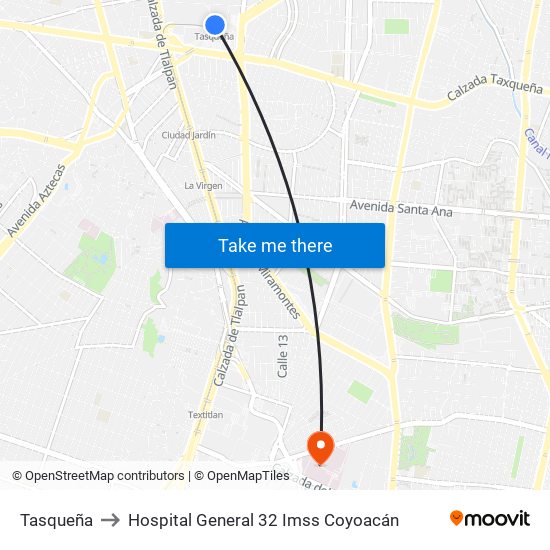 Tasqueña to Hospital General 32 Imss Coyoacán map